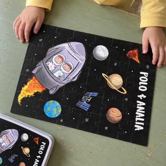 Polo & Analia Rocket Ship Puzzle | 30-Piece Kids Space Jigsaw in a Keepsake Tin