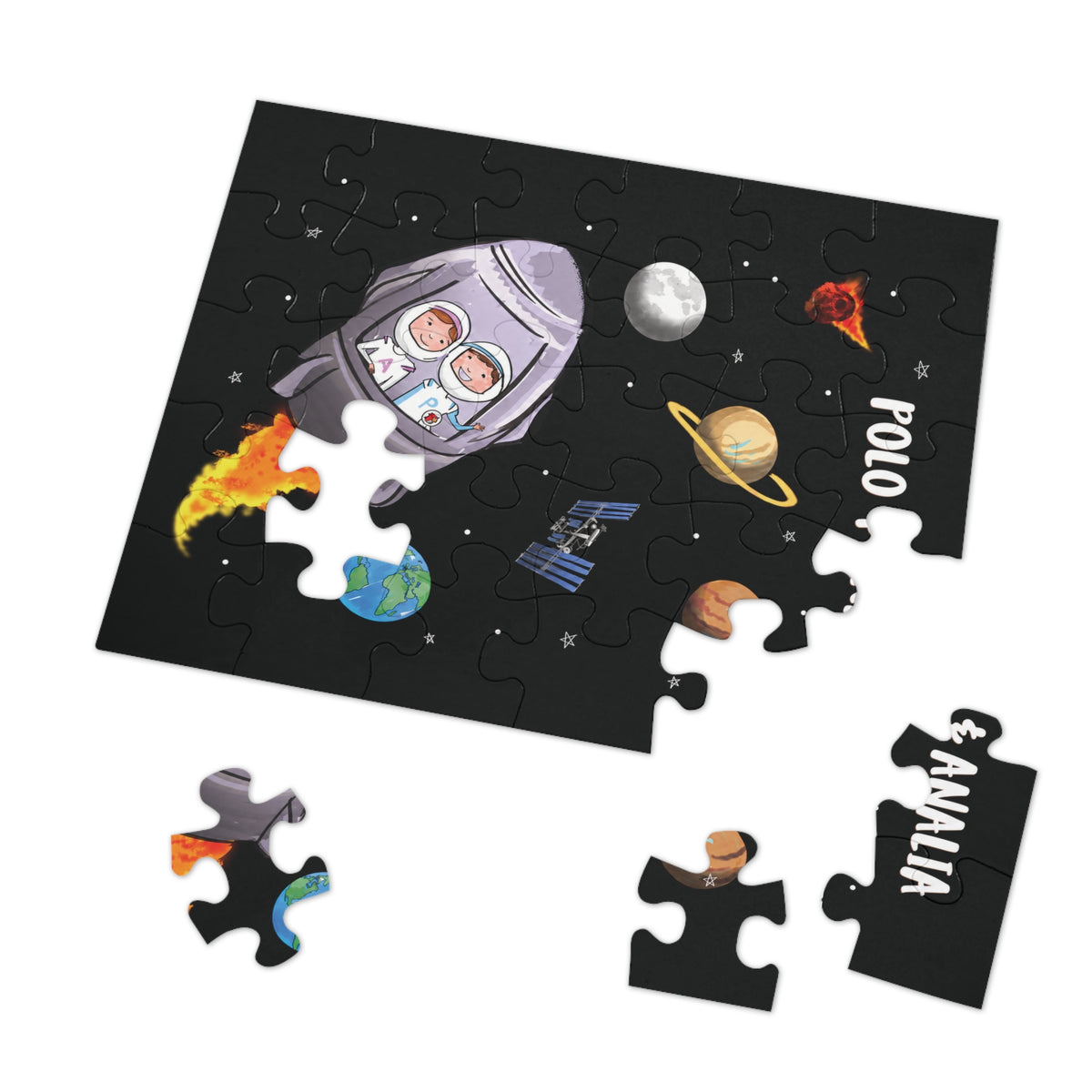 Polo & Analia Rocket Ship Puzzle | 30-Piece Kids Space Jigsaw in a Keepsake Tin
