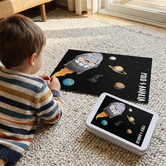 Polo & Analia Rocket Ship Puzzle | 30-Piece Kids Space Jigsaw in a Keepsake Tin