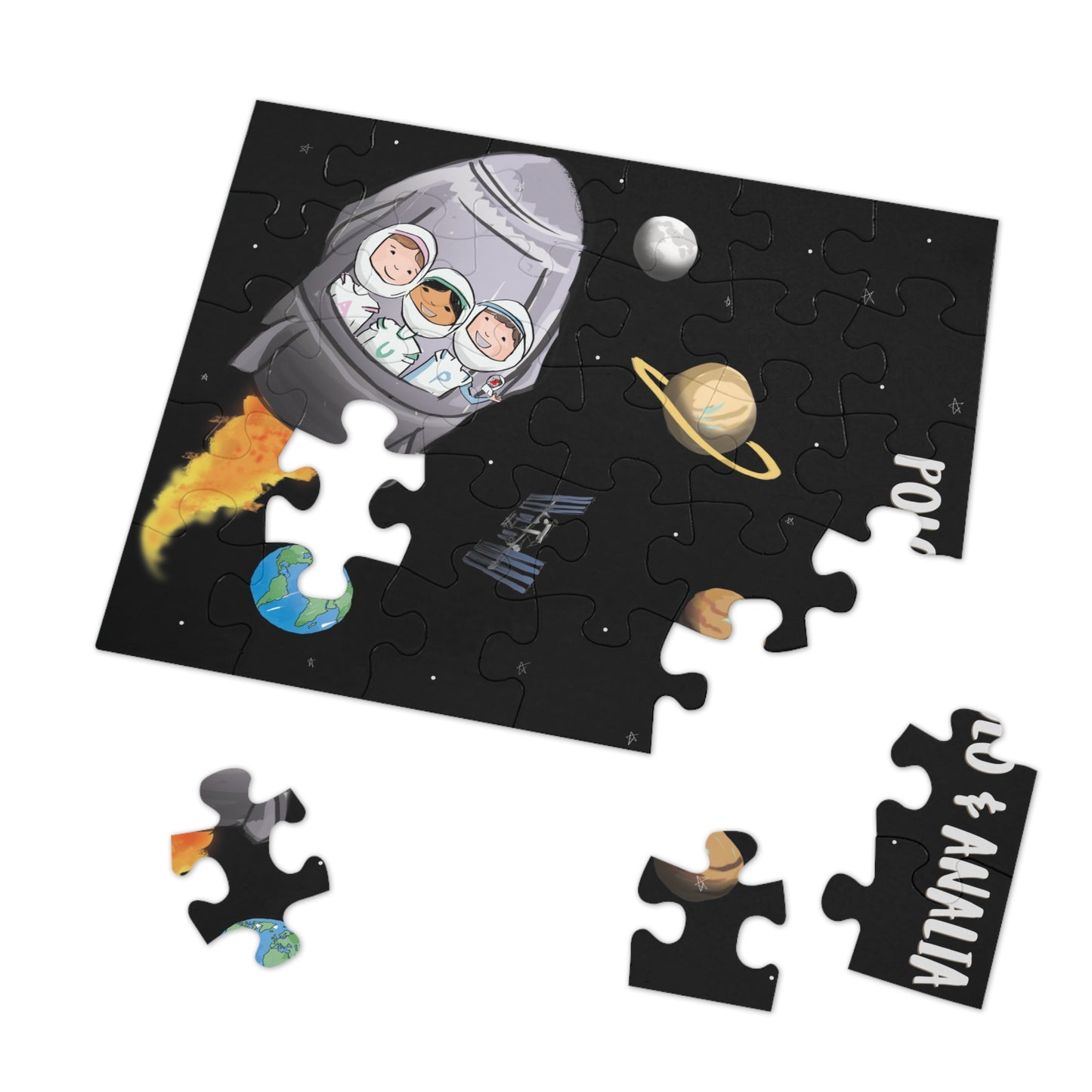 Polo & Analia Rocket Ship Puzzle | 30-Piece Kids Space Jigsaw in a Keepsake Tin