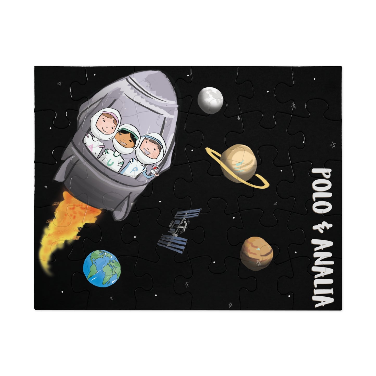 Polo & Analia Rocket Ship Puzzle | 30-Piece Kids Space Jigsaw in a Keepsake Tin