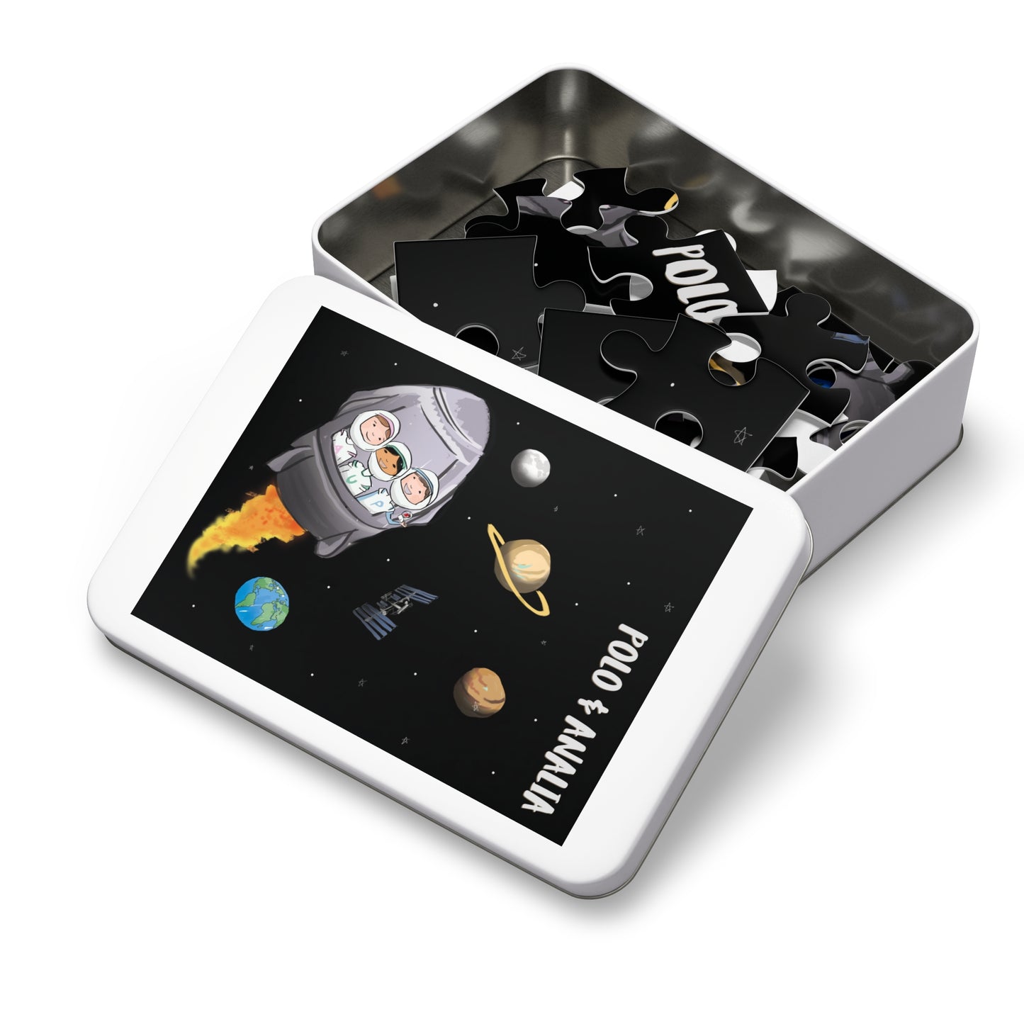 Polo & Analia Rocket Ship Puzzle | 30-Piece Kids Space Jigsaw in a Keepsake Tin