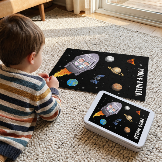 Polo & Analia Rocket Ship Puzzle | 30-Piece Kids Space Jigsaw in a Keepsake Tin