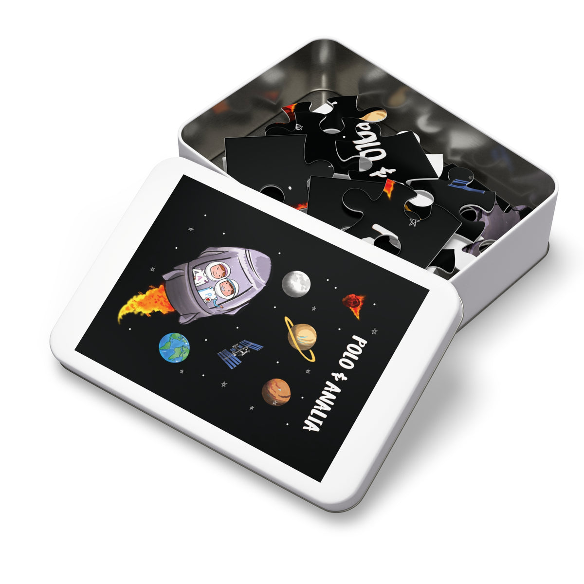 Polo & Analia Rocket Ship Puzzle | 30-Piece Kids Space Jigsaw in a Keepsake Tin